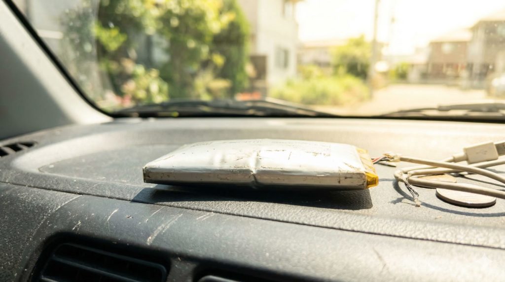 夏の炎天下の車内のダッシュボードに置き去りにされた、少し膨らみかけた古いモバイルバッテリー