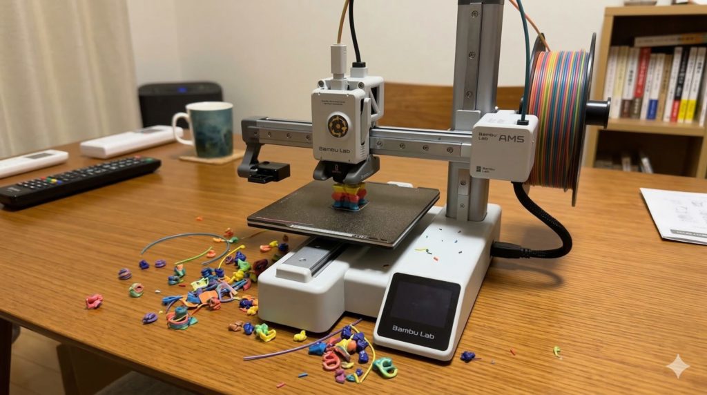 リビングのテーブルの上でA1 miniが快調に動いているが、その足元にはマルチカラー印刷時に排出されたカラフルなプラスチックのゴミ（ウンチ）がパラパラと散らばっている、使用中の写真イメージ。