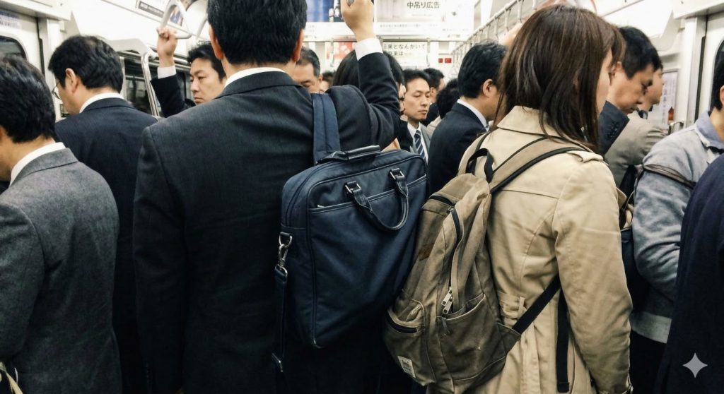 満員電車でカバンが圧迫されているリアルで息苦しい光景。