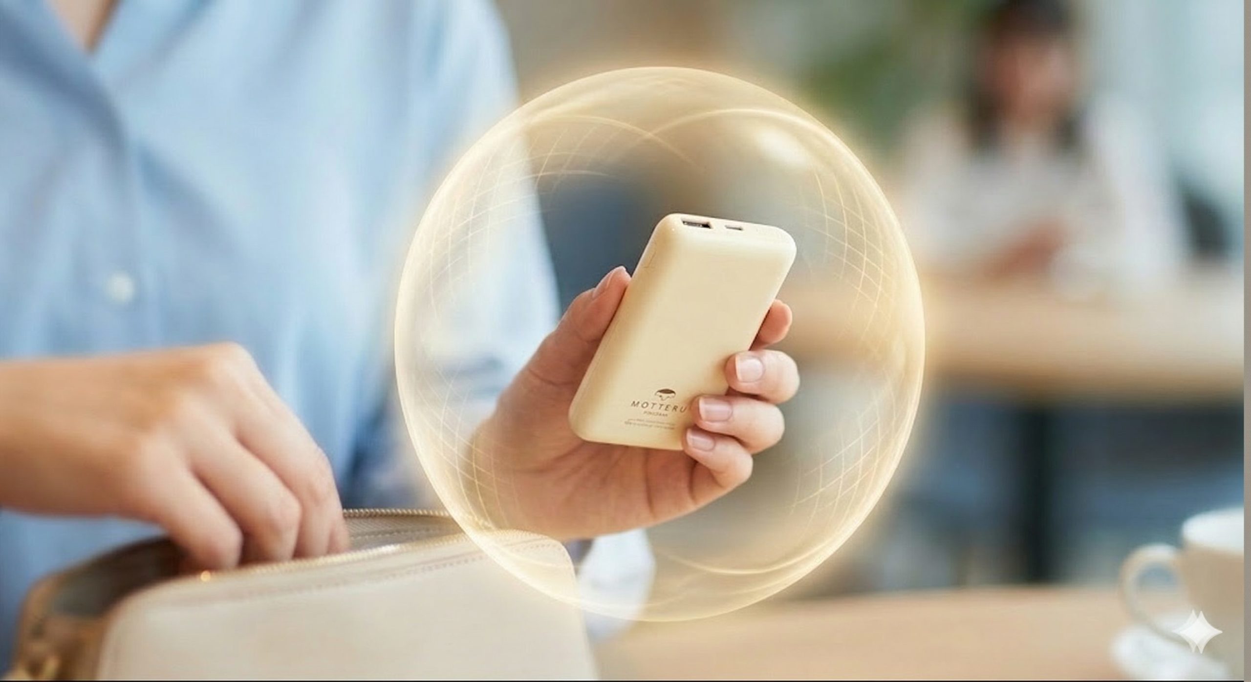 MOTTERU製の準固体電池を搭載した安全性の高いモバイルバッテリーを手にしているイメージ。