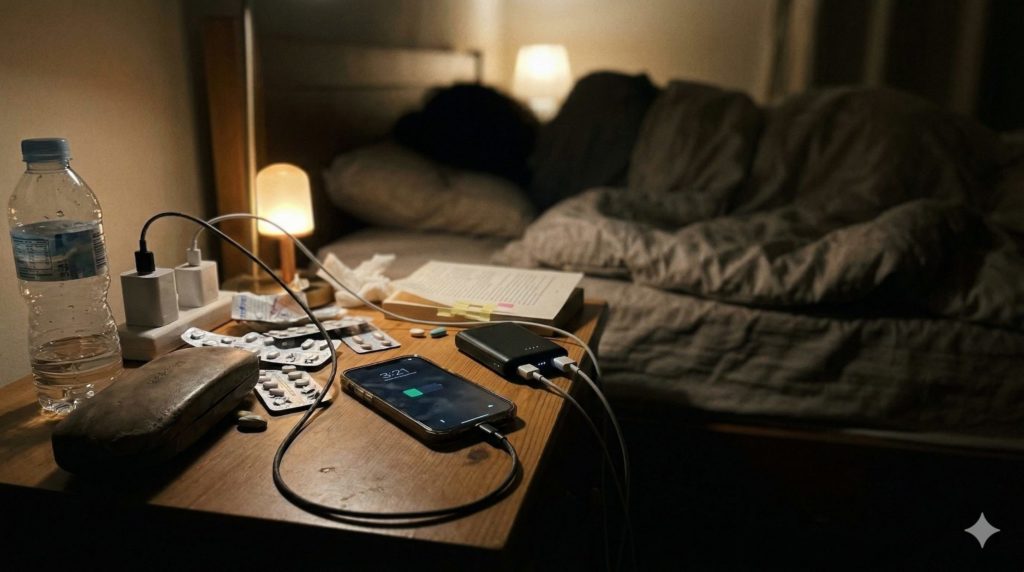 ベッドの枕元でスマートフォンとモバイルバッテリーにケーブルを繋いで充電したまま、うっかり眠ってしまっている様子