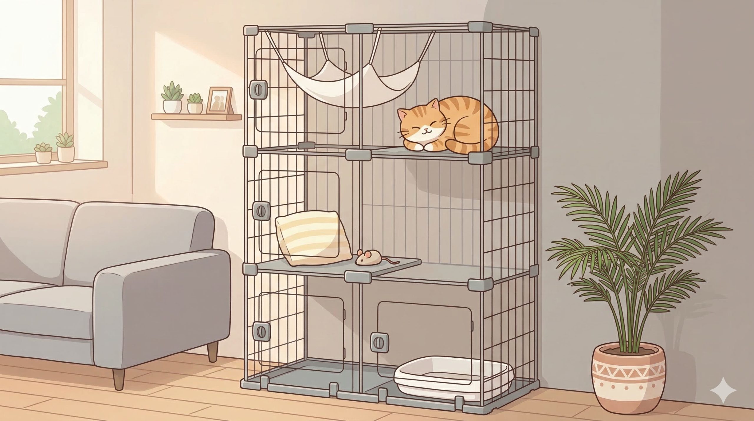 奥行きが狭い広々スリムキャットケージでリビングがスッキリしているイメージ