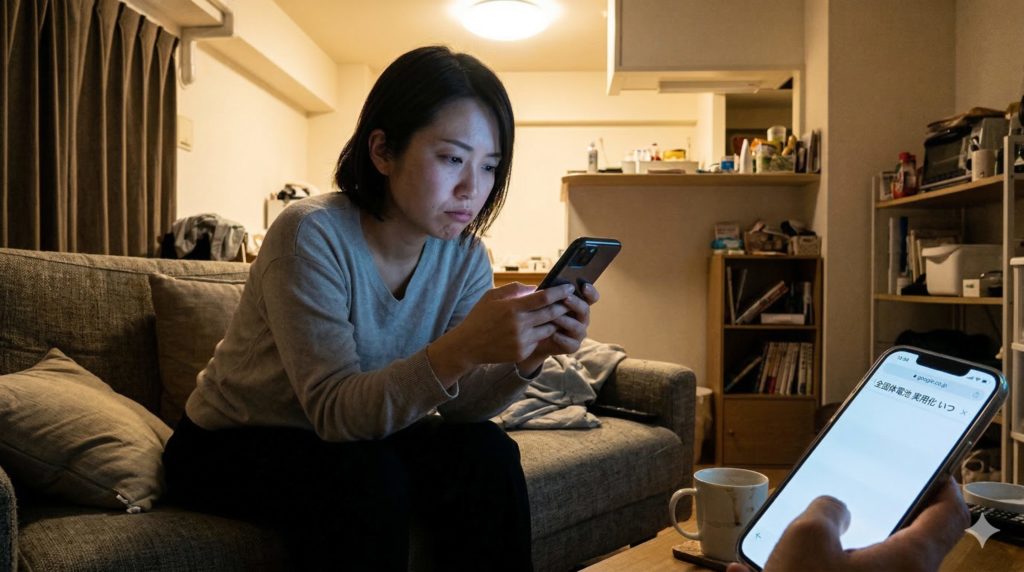 リビングのソファで、スマホを見つめて「全固体電池はまだ実用化されないのか…」とため息をついているリアルな女性のイメージ写真。