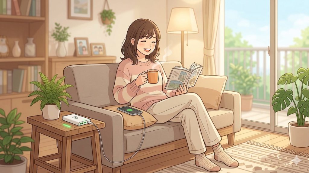 安心・安全なモバイルバッテリーを手に入れて、笑顔でリビングでくつろぐ女性のイメージ