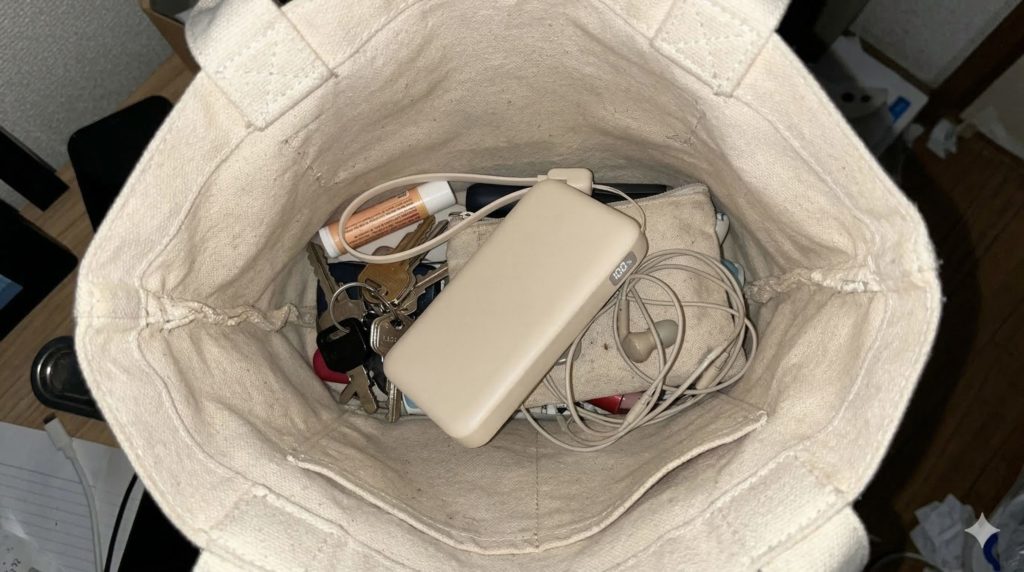 いつものトートバッグの中に、鍵の束やポーチと一緒にゴチャッと放り込まれている、MOTTERU製準固体モバイルバッテリーを上から手持ちで撮った写真