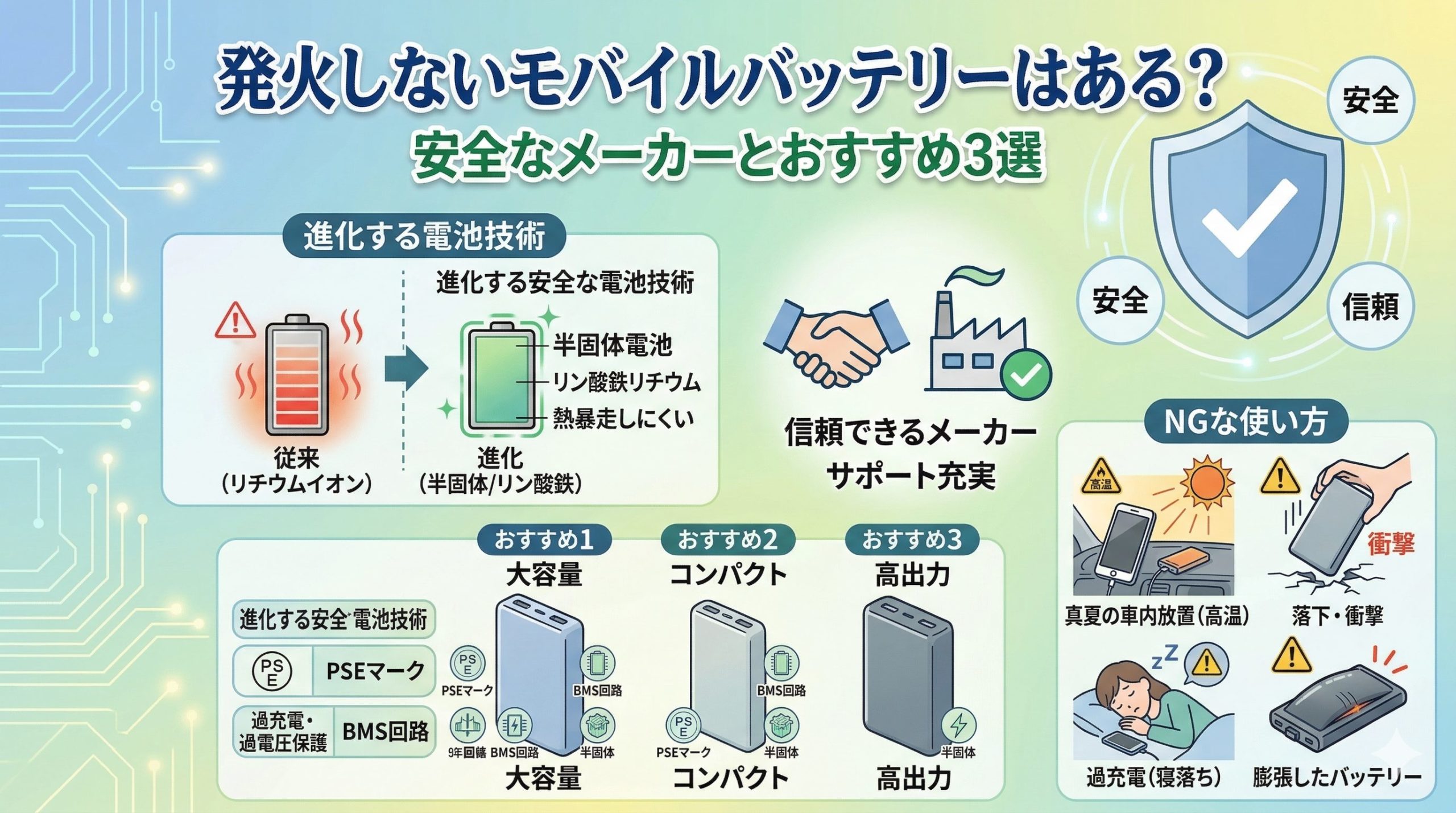 発火しないモバイルバッテリーについての図解イメージ