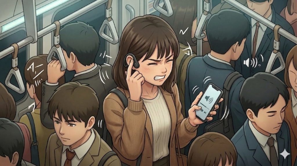 電車内で環境音がうるさくて骨伝導イヤホンが聞こえず困っている様子のイラスト