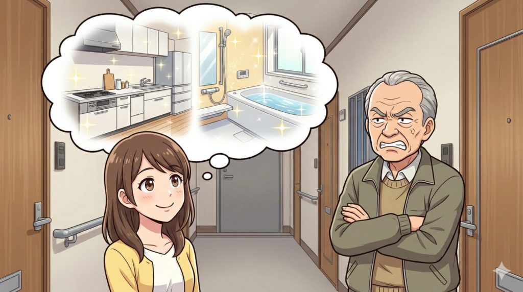 キッチンもお風呂もピカピカになっている理想の部屋を想像しているが、大家さん（気難しそうな年配の男性）が目の前で腕組みをして立ちはだかっているイラスト
