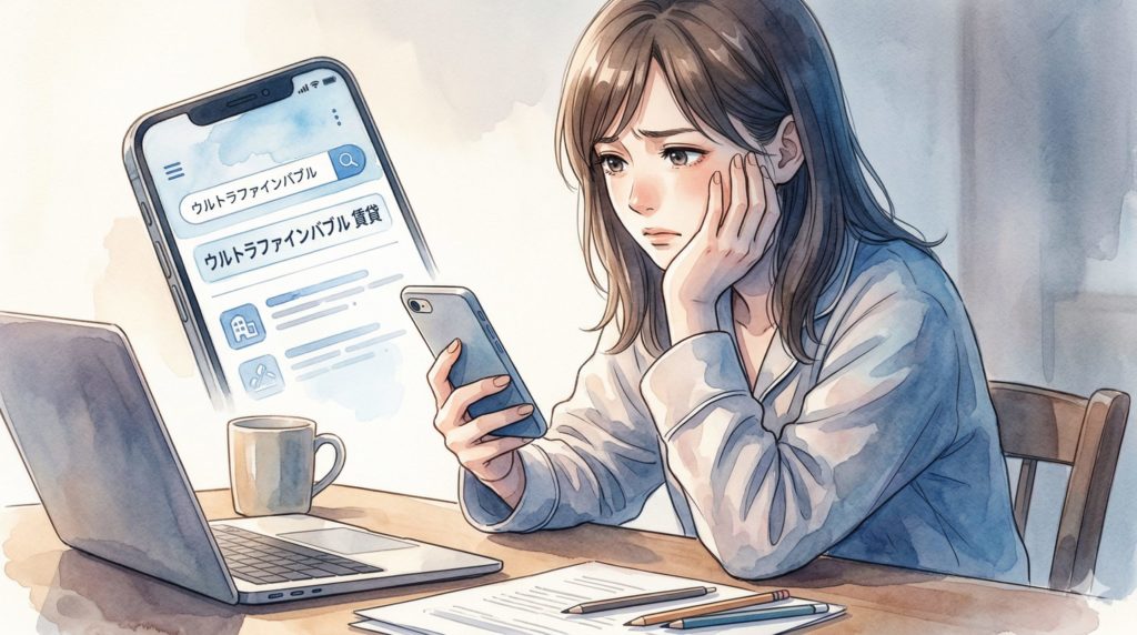 女性がスマホで「ウルトラファインバブル 賃貸」と検索しながら、頬杖をついて悩んでいるイラスト