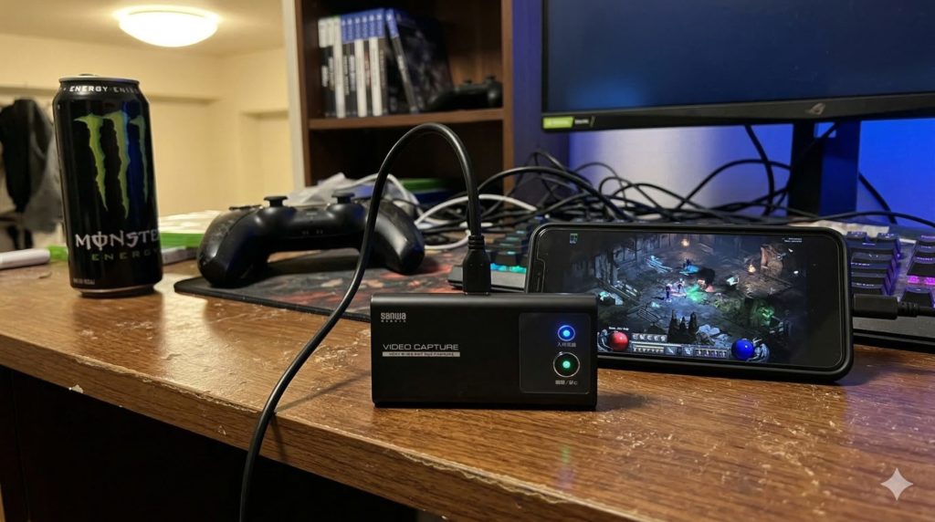 ゲーマーの散らかった机の上に、スマホからケーブル一本で繋がれた400-MEDI054が置かれているリアルなスナップ写真