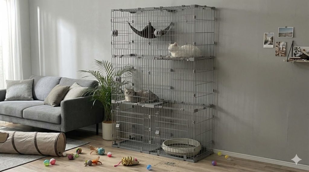 リビングのソファの横などのちょっとした隙間に、スリムなケージがすっぽりと収まっている様子のイメージ