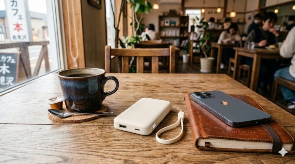 カフェの机の上で、手帳やコーヒーと一緒に、可愛らしくてコンパクトなMOTTERUのモバイルバッテリーが置かれている様子