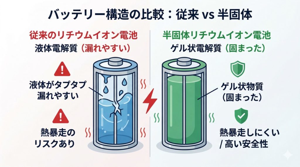 左側に「液体がタプタプで漏れやすい筒」、右側に「ゲル状でしっかり固まった筒」を対比させたシンプルな図解