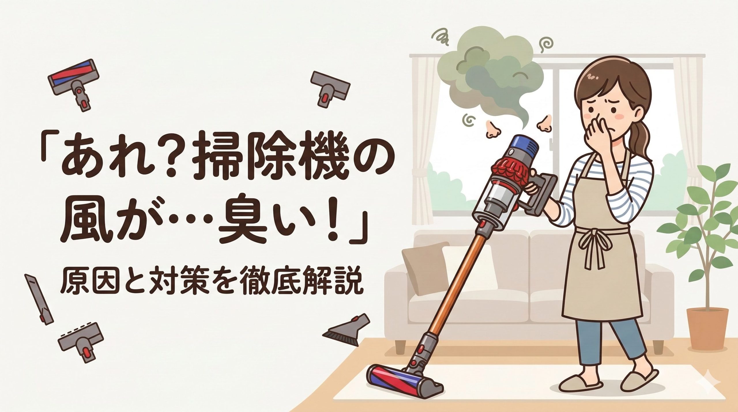 掃除機の排気が臭くて鼻をつまむ人物