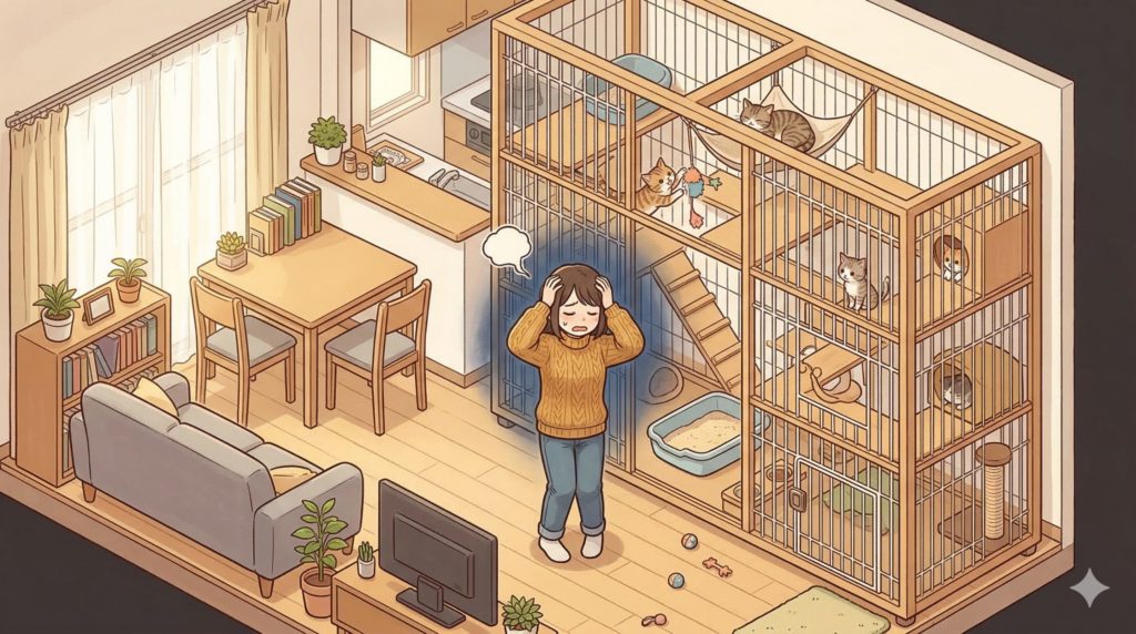 狭いリビングに巨大なキャットケージが置かれており、人間が困り果てているイラスト