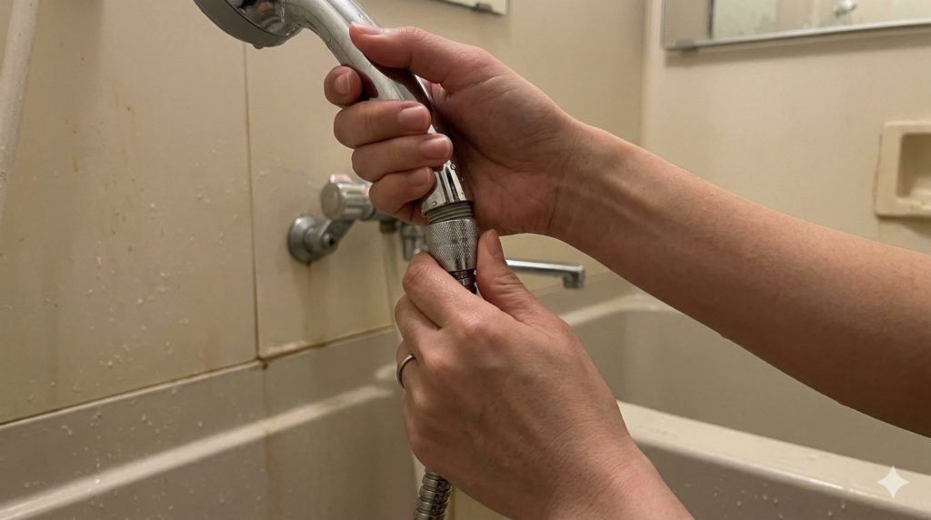 少し古びた賃貸アパートのお風呂場で、シャワーヘッドの根元を手でくるくると回そうとしているリアルなイメージ