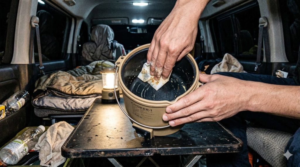 車中泊の狭いテーブル上で、COOKER-1の中を必死に除菌シートで拭き取っている様子の写真。