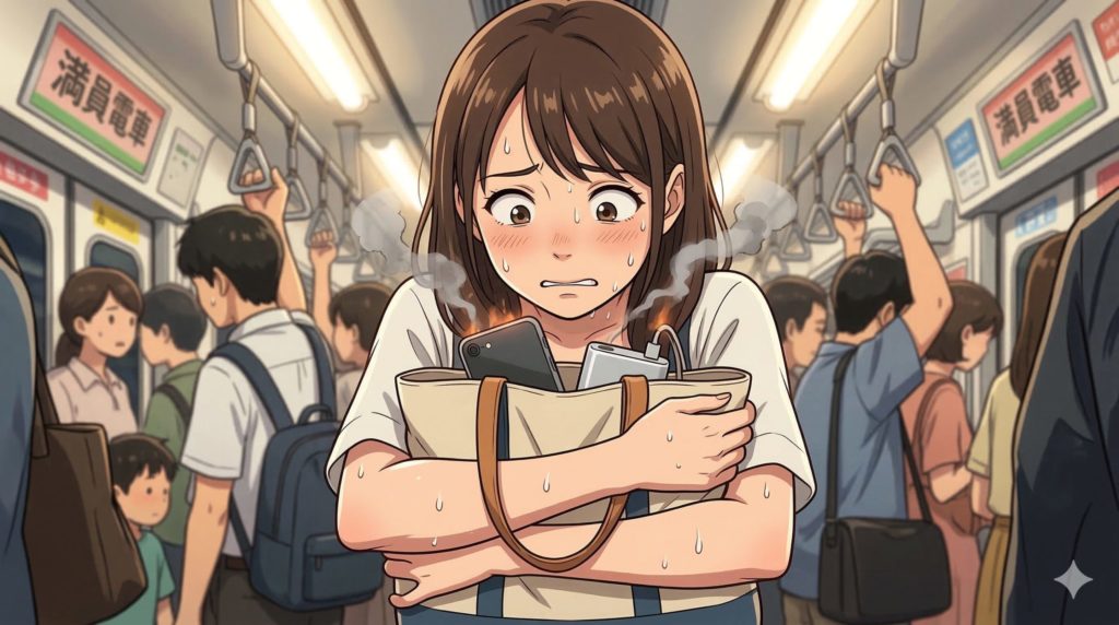 満員電車の中や夏の外出先で、カバンの中のスマートフォンやバッテリーから煙が出ないか、不安そうに汗を流してカバンを抱きかかえる女性のイラスト