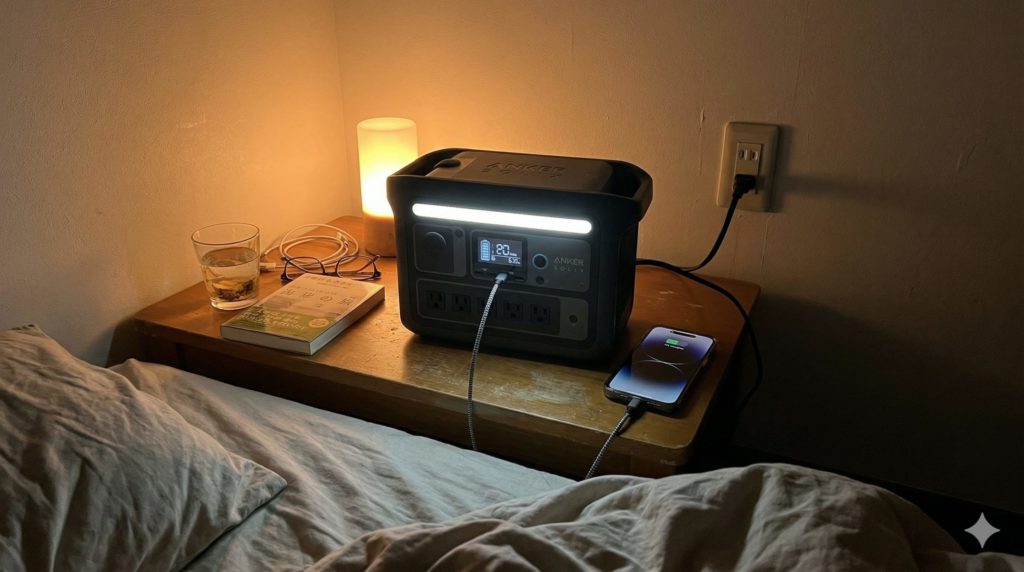 薄暗い寝室のベッドサイドで、コンセントに挿しっぱなしのポータブル電源と、そこから充電されているスマホ。生活の中にポータブル電源があるイメージ