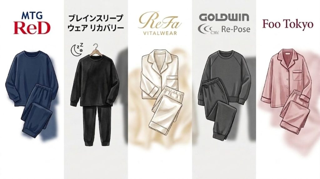 リカバリーウェアとパジャマ計5種(MTG ReD、ブレインスリープ ウェア リカバリー、ReFa VITALWEAR、GOLDWIN C3fit Re-Pose、Foo Tokyo)を並べたイラスト