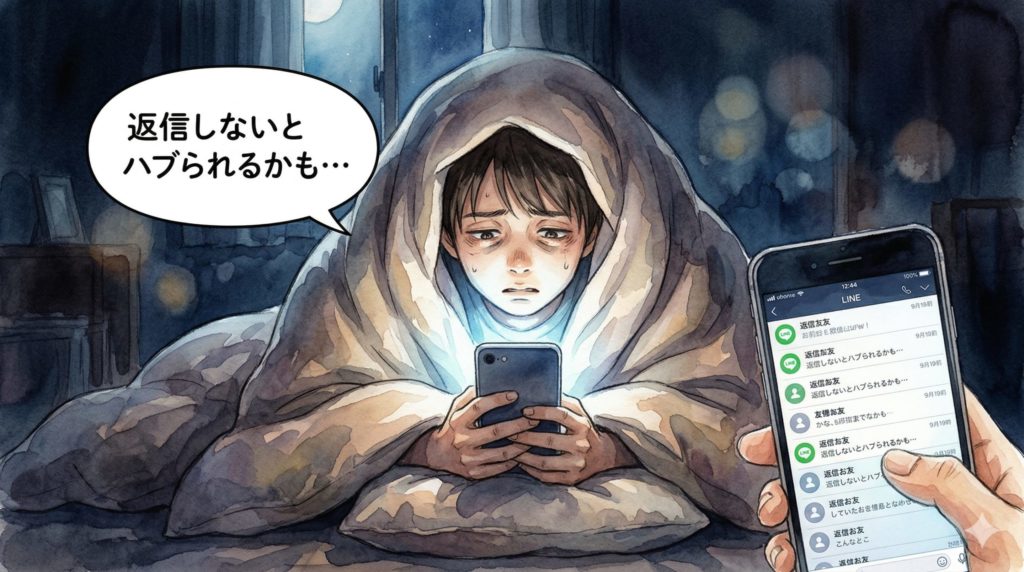 暗い部屋で布団に包まりながら、スマホの画面だけが光っている。画面にはLINEの通知がずらりと並んでいる。中学生の表情は不安と疲れが混ざった様子