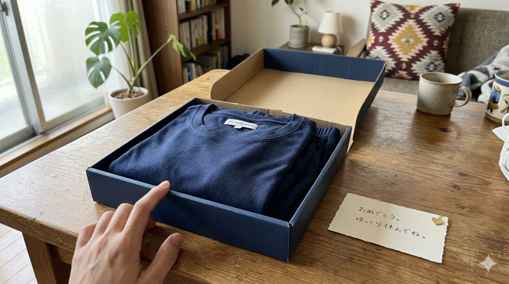 きれいにラッピングされたギフトボックスの蓋を開けた状態。中にはきちんと畳まれたリカバリーウェアパジャマ(濃紺)。テーブルの上にはメッセージカード。