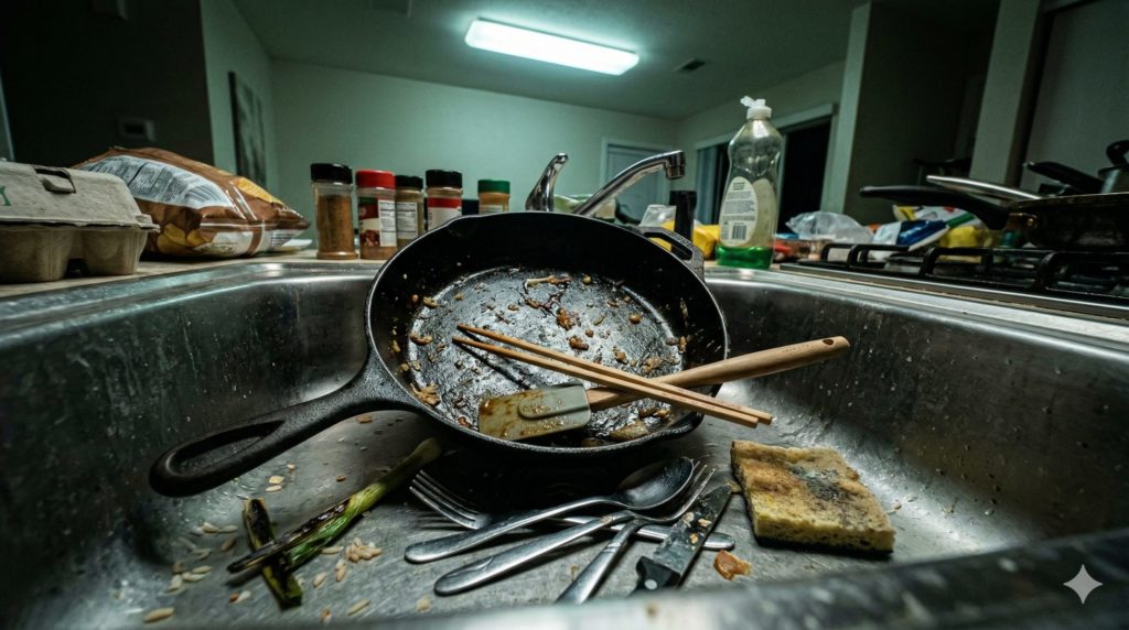 シンクに積まれた油汚れのフライパンや調理器具と、疲れ果てたキッチンの様子