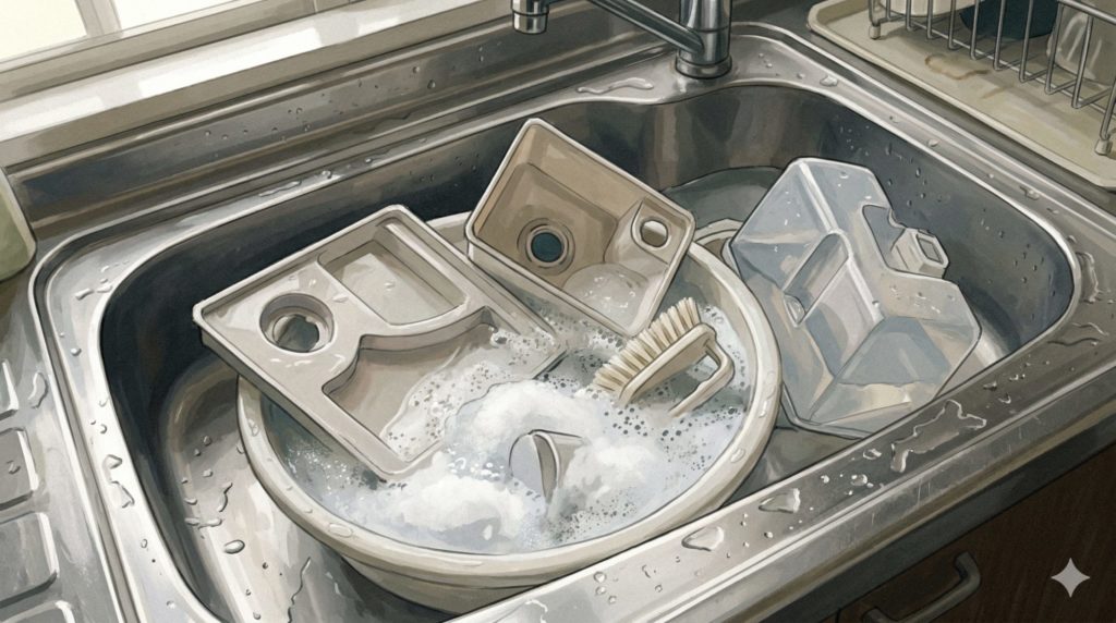 洗面器の中に、加湿器のバラバラのパーツが無造作に入れられ、泡スプレーのぬるま湯に浸かっている様子