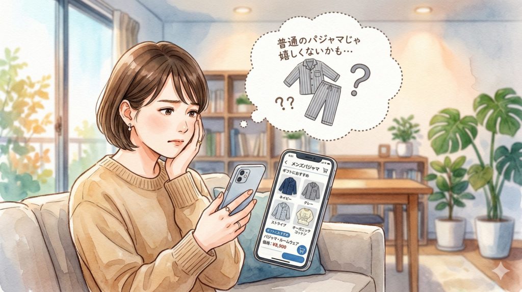 ショッピングサイトを見ながら考え込む若い女性。画面にはパジャマ。吹き出しには「普通のパジャマじゃ嬉しくないかも」のイメージ
