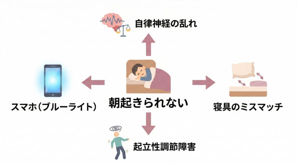 中央に「朝起きられない」と書かれたアイコン。そこから4方向に矢印が出て、「自律神経の乱れ」「起立性調節障害」「スマホ（ブルーライト）」「寝具のミスマッチ」が放射状に配置。各項目にはシンプルなアイコン付き。中学生が朝起きられない4つの原因の関係図