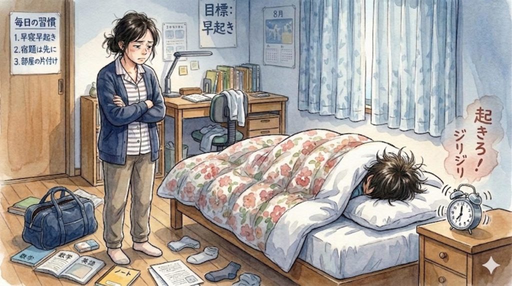 朝、ベッドの横に立って腕を組みイライラしている母親と、布団に潜り込んで丸まっている中学生の対比。部屋は薄暗く、目覚まし時計が鳴っているイメージ