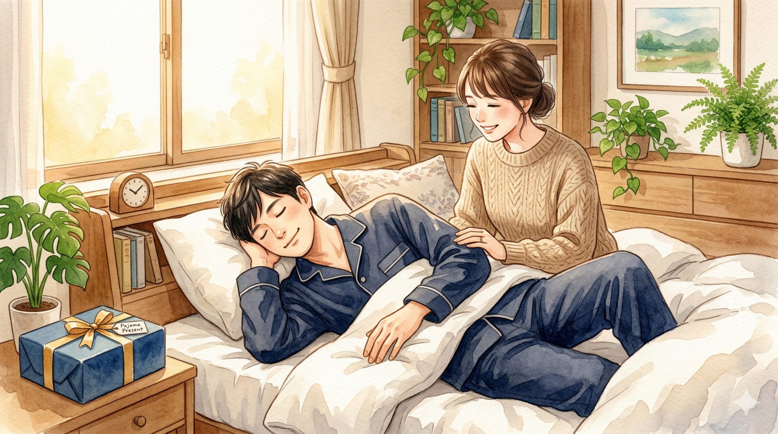 寝室で男性用の新しいパジャマをプレゼントしようとしているイメージ