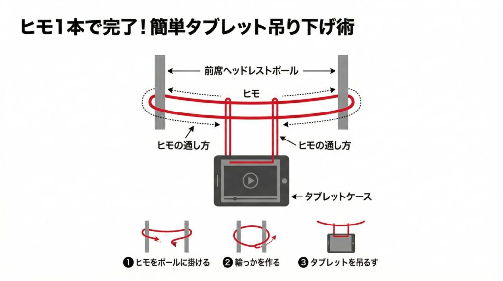 前席のヘッドレストポール2本にヒモを渡し、そこからタブレットケースを吊り下げている構造をシンプルに示した図