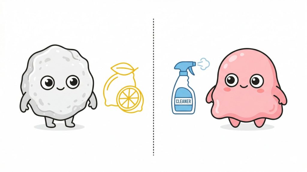左側に白い固まった汚れ（水垢）とレモン（クエン酸）、画面右側にピンク色のスライム状の菌と洗剤ボトルのアイコン