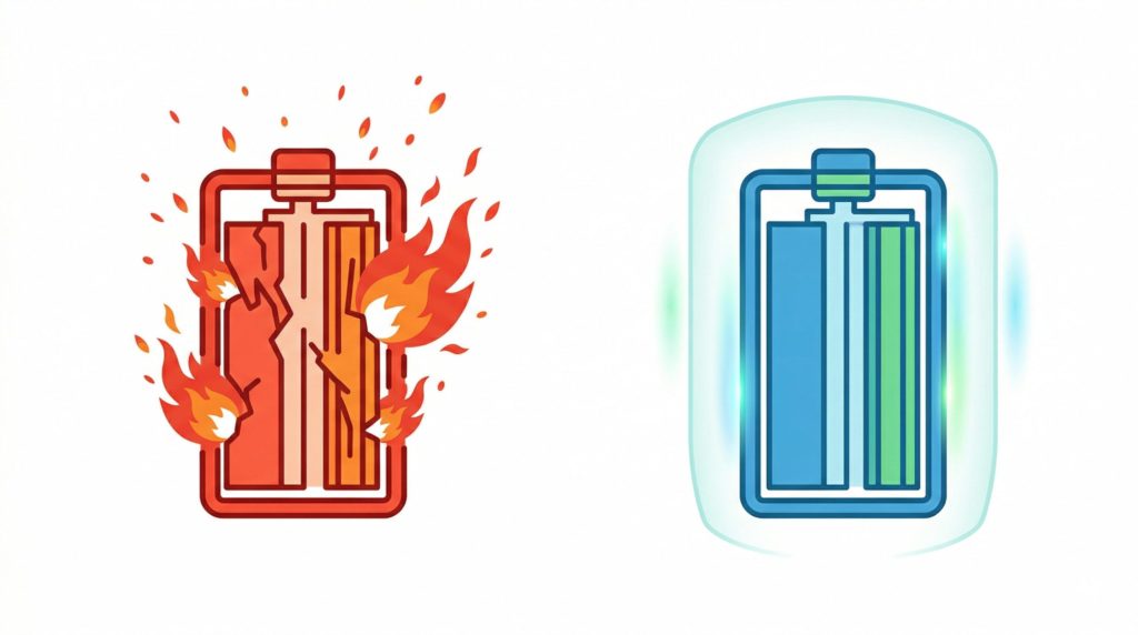 「従来型は赤く熱暴走している図」「リン酸鉄・固体電池は青く安定している図」を並べて比較するイメージ図