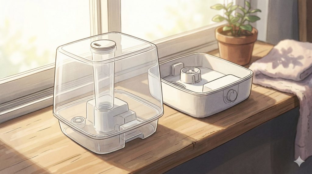 水気を切られた加湿器のタンクやトレイが、風通しの良い日当たりの良い窓際に置かれて乾燥している様子