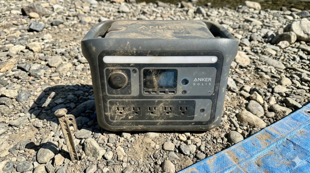 ゴツゴツした砂利の地面の上に、乱雑に置かれた頑丈なAnkerのポータブル電源のイメージ
