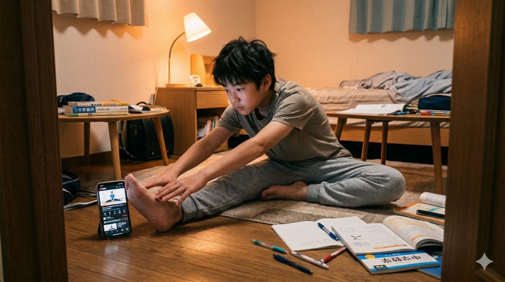 暖色の照明がついた子供部屋で、床にマットを敷いて開脚ストレッチをしている中学生。横にスマホが置いてあり、YouTubeのストレッチ動画が再生されている。リラックスした日常のイメージ