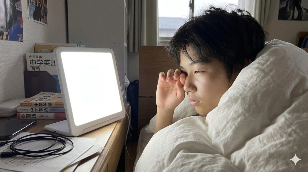 中学生の子供部屋のベッドサイドテーブルに置かれた光目覚まし時計が白い光を放っている。布団の中で目をこすりながら少し目を開けている子供のイメージ