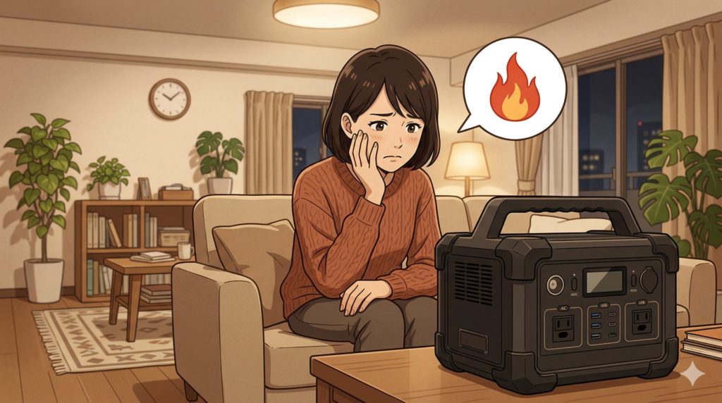 リビングに大きなポータブル電源があり、それを見て不安そうに顔をしかめる女性のイラスト。吹き出しに炎のマーク。