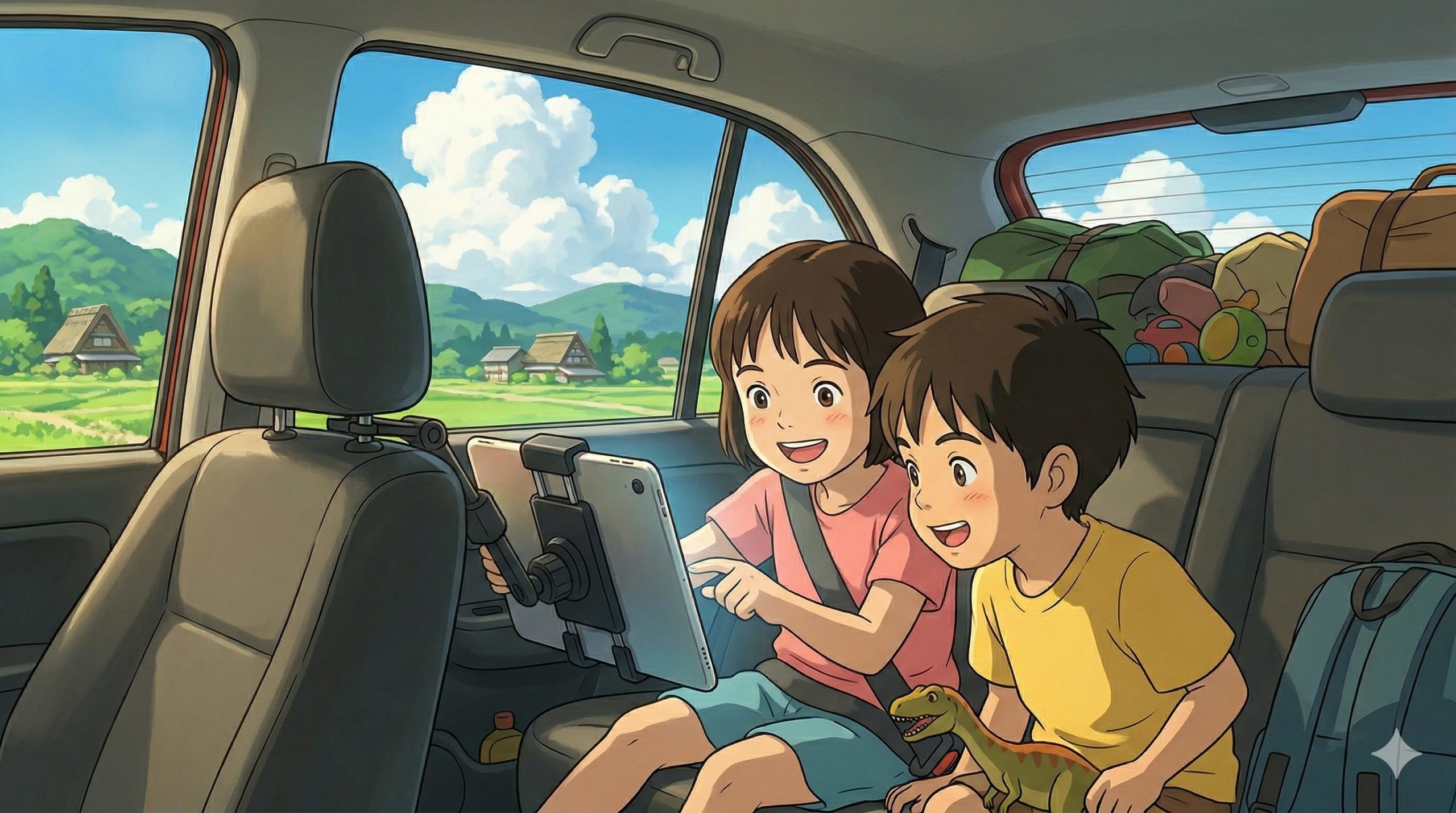 車の後部座席でタブレットを楽しむ子供の楽しげなイラスト