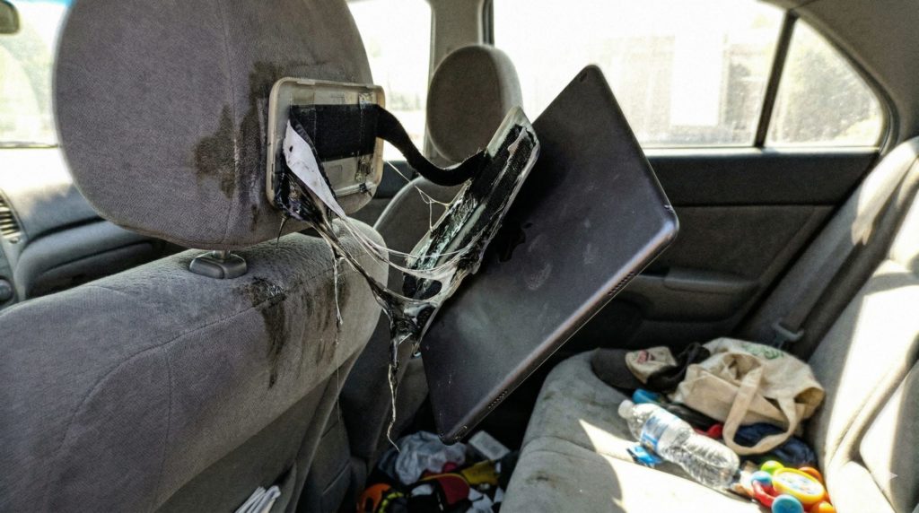 車の後部座席で、両面テープやマジックテープが熱で剥がれかかり、タブレットケースがだらんと斜めに傾いている生々しい失敗イメージ