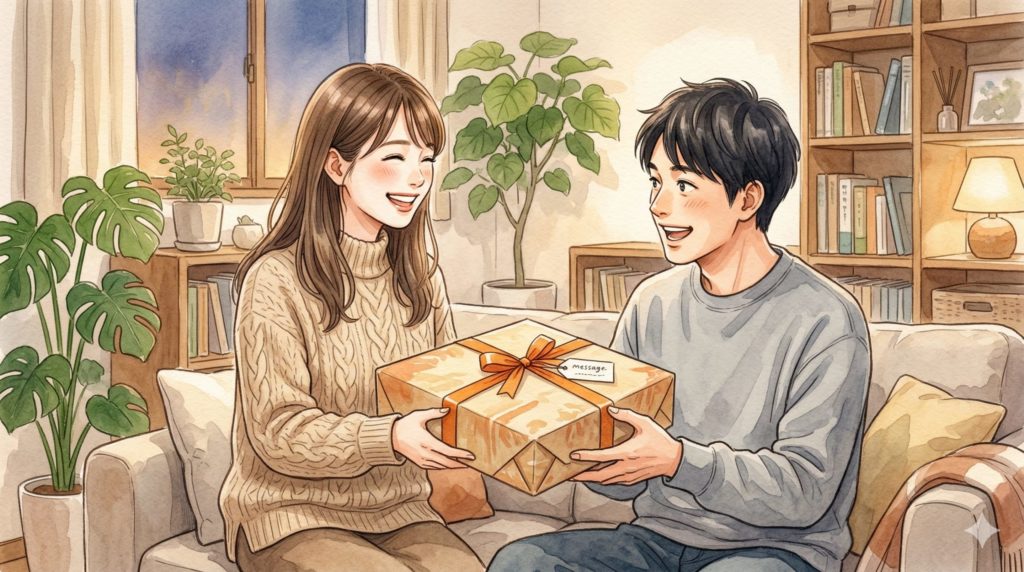 女性が男性にパジャマのギフトボックスを渡し、男性が嬉しそうに受け取っているシーンのイメージ
