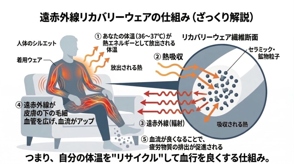 人体のシルエットと繊維の断面図を使って、体温→セラミック吸収→遠赤外線輻射→血流アップの5ステップを矢印で示した図解